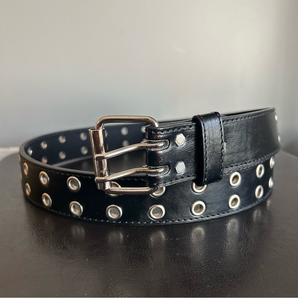 Italian Style Collection Black & Silver Faux-Leather Double-Row Grommet Belt